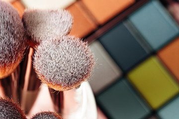 Make-up palette and brushes. Professional eyeshadow palette. Close up.