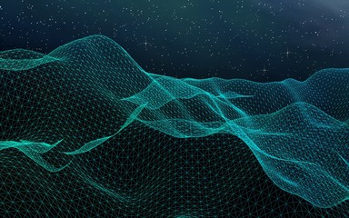 Abstract landscape on a dark background. Cyberspace grid. hi tech network. Outer space. Starry outer space texture. 3D illustration