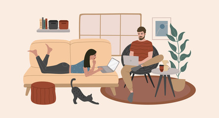 A young family, women and man work at home quarantine time, comfortable apartments, freelance online job, a cozy interior. Stay safe, Covid-19, coronavirus. Vector illustration in flat cartoon style. 