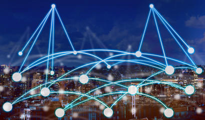 Beautiful cityscape and network connection lines