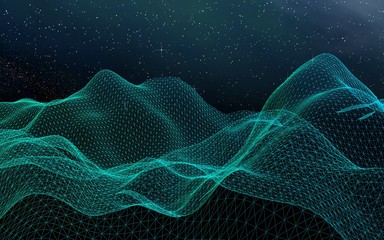 Abstract landscape on a dark background. Cyberspace grid. hi tech network. Outer space. Starry outer space texture. 3D illustration