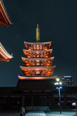 Five storey pagoda of Sensoji (Sensō-ji) temple at night. Tokyo Japan