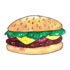Hamburger with cheese and tomato and lettuce, watercolor illustration on white background