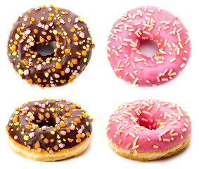 Colorful delicious donuts isolated on white background.