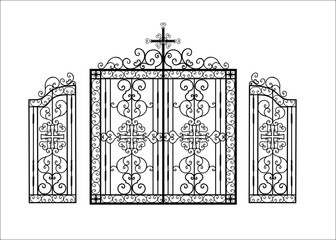 Wrought iron gates for a temple or church. Christian religion pattern. The fence is made of metal. Art hot forging. Vector illustration..