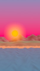 Sun Sea Beach. Sunrise. Ocean shore line with waves on a beach. Island beach paradise with waves. Vacation, summer, relaxation. Seascape, seashore. Minimalist landscape, primitivism. 3D illustration
