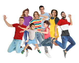 Fototapeta premium Collage of emotional people jumping on white background