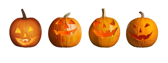 Set of halloween pumpkin head jack lanterns on white background. Banner design