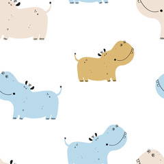 Vector hand-drawn color childish seamless repeating simple flat pattern with hippos in Scandinavian style on a white background. Cute baby animals. Pattern for kids with animals. Hippo.
