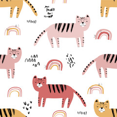 Vector hand-drawn color childish seamless repeating simple flat pattern with tigers in Scandinavian style on a white background. Cute baby animals. Pattern for kids with animals. Wild cat. Tiger. 
