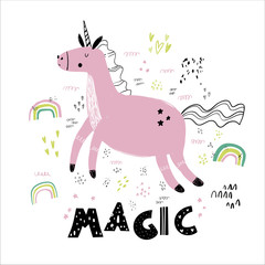 Vector hand-drawn color children's illustration, poster, print with a cute pink unicorn, rainbows, doodles and lettering Magic in Scandinavian style on a white background. Cute baby animals.
