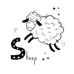 Vector hand-drawn baby illustration with sheep and letter S. ABC book. Cute zoo alphabet with funny animals. Letters. Learn to read. Isolated. For kids. Alphabet. Letter S.
