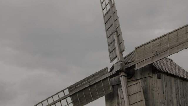Long shot of old wooden windmills, built in 20th century located in Estonia, Saaremaa.