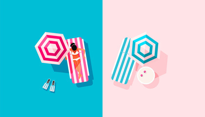 Top view of woman in a swimsuit sunbathes on a striped deck chair under sun umbrella on pink blue background with copy space. Illustration © Shi 