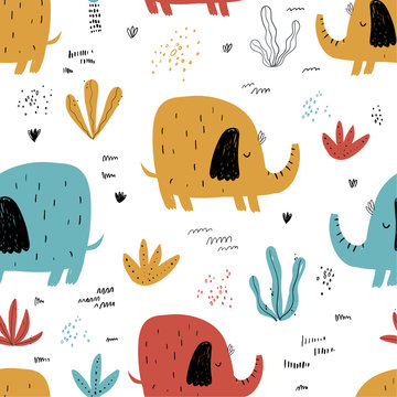 Vector hand-drawn colored childish seamless repeating simple flat pattern with elephants, plants and doodles in Scandinavian style on a white background. Cute baby animals. Pattern for kids.
