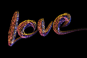 Love word Handwritten lettering written by bright colorful confetti particles. Isolated on black background