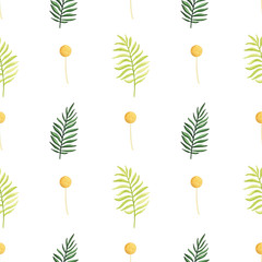 Watercolor seamless pattern with palm branches isolated on white background.Cute print with ferns and craspedia.
