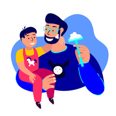 Happy Smiling Father Shaving Beard with Son Playing.Young Adult Parent.Baby Boy,Loving Support Dad.Man Communicate with Kid.Child,Caring Papa.Family Relative Have Fun Together.Flat Vector Illustration