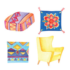 Hand drawn watercolor set of elements in boho style isolated on white background. Yellow armchair, floor cushion and square pillows with boho prints.