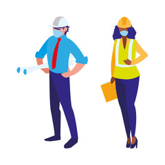 Industrial workers couple working with face mask