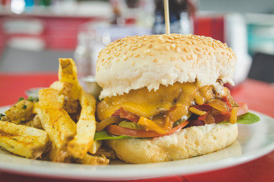 Close up image of a gourmet hamburger in a gourmet restaurant
