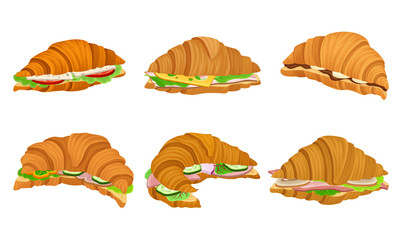 French Crunchy Croissants with Different Stuffing Like Sliced Bacon and Cheese Vector Set