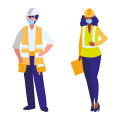 Industrial workers couple working with face mask