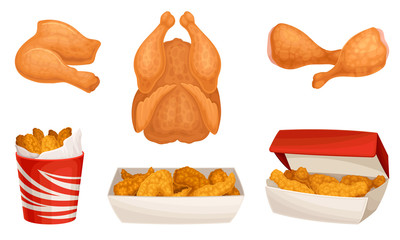 Fried Chicken Meat with Wings and Legs Poured in Baskets Vector Set