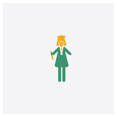 Woman Graduating concept 2 colored icon. Isolated orange and green Woman Graduating vector symbol design. Can be used for web and mobile UI/UX