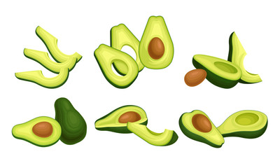 Bright Green Avocado Berry Whole and Halved with Large Seed Vector Set