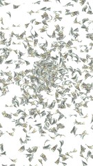 Flying dollars banknotes isolated on white background. Money is flying in the air. 100 US banknotes new sample. 3D illustration