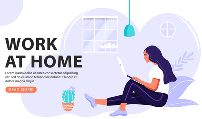 Work at home concept template. Woman freelancer working on laptop. Quarantine illustration for stop the coronavirus pandemic. Healthcare vector landing page, website and banner illustration.