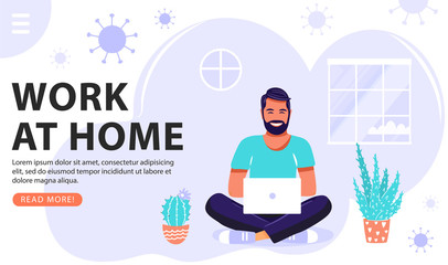 Work at home concept template. Man freelancer working on laptop. Quarantine illustration for stop the coronavirus pandemic. Healthcare vector landing page, website and banner illustration.