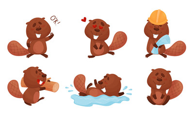 Cute Beaver Character Engaged in Different Activity Vector Set