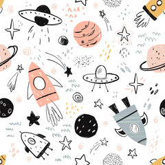 Vector hand-drawn seamless repeating color simple flat pattern with different rockets, planets and doodles on a white background. Seamless pattern with rockets. Space. Spaceship. 