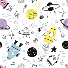 Vector hand-drawn seamless repeating color simple flat pattern with different rockets, planets and doodles on a white background. Seamless pattern with rockets. Space. Spaceship.
