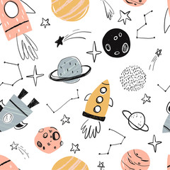 Vector hand-drawn seamless repeating color simple flat pattern with different rockets, planets and doodles on a white background. Seamless pattern with rockets. Space. Spaceship. 