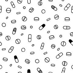 Seamless vector medical pattern. Black outline of pills isolated on a white background. Pills, medicines, painkillers, antibiotic, vitamins on a pharmaceutical illustration for wallpaper, card, poster