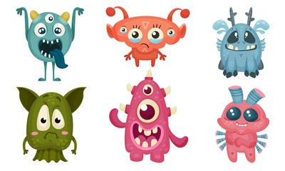 Big Eyed Monsters with Horns Expressing Emotions Vector Set