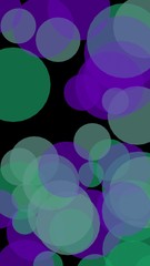 Multicolored translucent circles on a dark background. Green tones. 3D illustration