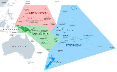 Melanesia, Micronesia and Polynesia, political map. Colored geographic regions of Oceania, southeast of the Asia-Pacific region. English labeling. Illustration on white background. Vector. - obrazy, fototapety, plakaty