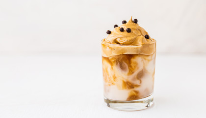 Iced Dalgona Coffee. Soft focus. Close up. Banner