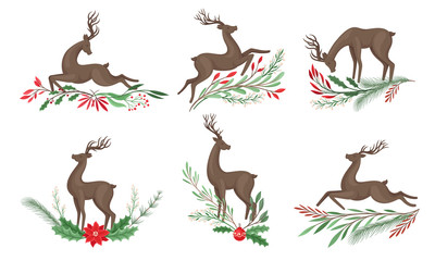 Brown Deer with Antlers and Winter Twigs and Flower Composition Beneath It Vector Set