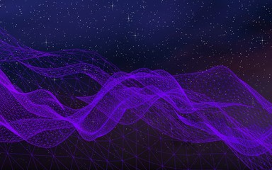 Abstract ultraviolet landscape on a dark background. Purple cyberspace grid. hi tech network. Outer space. Violet starry outer space texture. 3D illustration