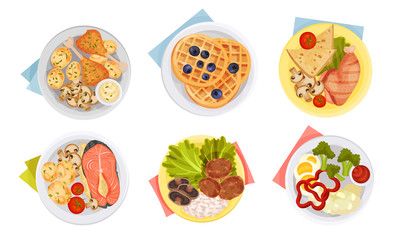 Meal Served on Plate with Napkin Rested Underneath it Top View Vector Set