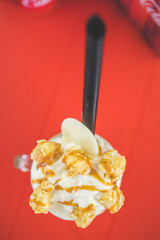 Close up image of gourmet milkshake in a restaurant.