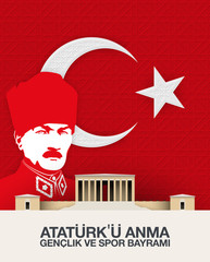 19 may Turkish national holiday illustration banner mayis Ataturk'u Anma, Genclik ve Spor Bayrami, tr: 19 may Commemoration Ataturk, Youth and Sports Day, isolated on White design Turkish holiday card