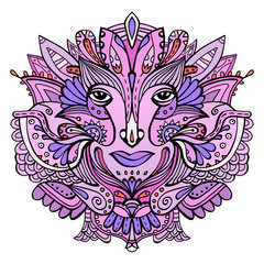 Colorful ornate face of a fairytale elf. Hand-drawn ethnic ornate godess. Tribal boho tattoo. Vector illustration.