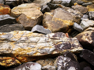 Rugged surface of rocks weathered by elements found in forest and hiking trails