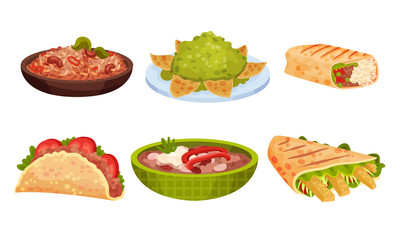 Mexican Snacks and Dishes Vector Set. Appetizing Traditional Courses and Starters Collection